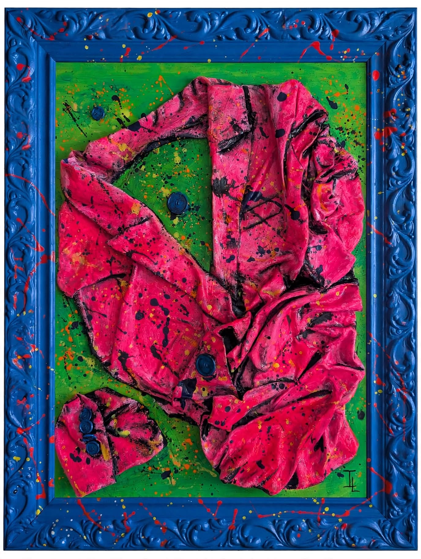 Madeleine Selman artista, escultura textil en relieve, cuadro técnica mixta 3D, arte contemporáneo enmarcado.